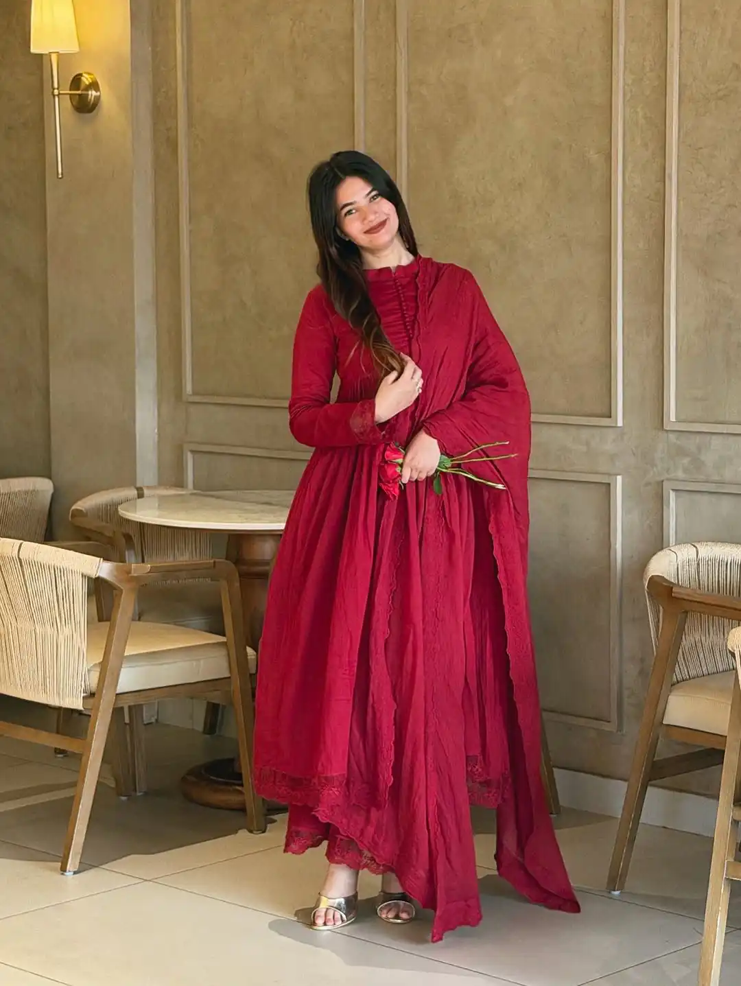 Fancy Red Roman Silk  Embroidery Cut Work Gown
