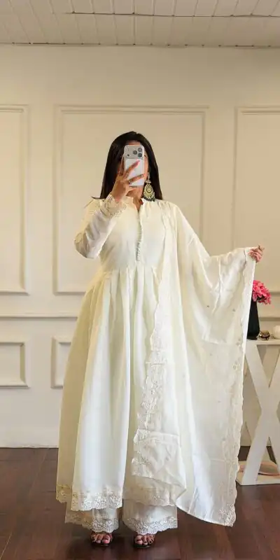 VLM 337 White Roman Silk Gown Perfect for Wedding, Party, Ethnic Day, Haldi, Diwali – . Festive Deal ₹2099. Delivery 4-6 Working Days. Shop now. | Bollywood Gowns, Creative Gowns, Designer Gowns, Embroidered Gowns, Gowns, Party Wear Gowns