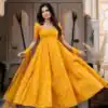 SRK 5347 Yellow Chanderi Jacquard Butti Salwar Suit with Mirror Work & Lace Work. Festive Deal ₹2149. Delivery 4-6 Working Days. Shop now. | Anarkali Suits, Bollywood Anarkali, Creative-Anarkali, Designer Anarkali, Embroidered Anarkali, Party Wear Anarkali
