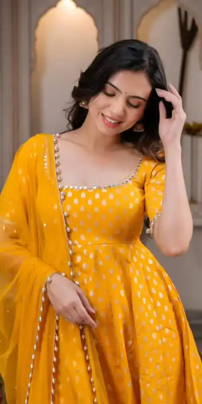 SRK 5347 Yellow Chanderi Jacquard Butti Salwar Suit with Mirror Work & Lace Work. Festive Deal ₹2149. Delivery 4-6 Working Days. Shop now. | Anarkali Suits, Bollywood Anarkali, Creative-Anarkali, Designer Anarkali, Embroidered Anarkali, Party Wear Anarkali