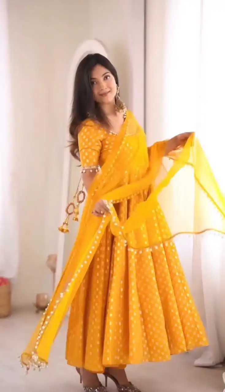 SRK 5347 Yellow Chanderi Jacquard Butti Salwar Suit with Mirror Work & Lace Work. Festive Deal ₹2149. Delivery 4-6 Working Days. Shop now. | Anarkali Suits, Bollywood Anarkali, Creative-Anarkali, Designer Anarkali, Embroidered Anarkali, Party Wear Anarkali