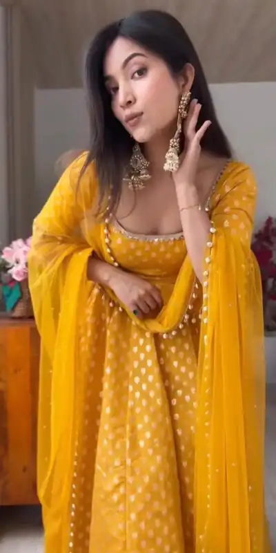 SRK 5347 Yellow Chanderi Jacquard Butti Salwar Suit with Mirror Work & Lace Work. Festive Deal ₹2149. Delivery 4-6 Working Days. Shop now. | Anarkali Suits, Bollywood Anarkali, Creative-Anarkali, Designer Anarkali, Embroidered Anarkali, Party Wear Anarkali