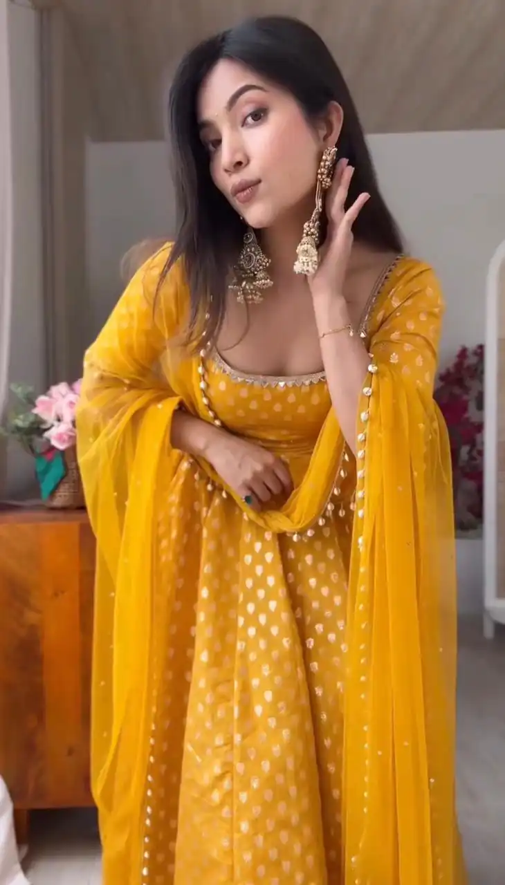 SRK 5347 Yellow Chanderi Jacquard Butti Salwar Suit with Mirror Work & Lace Work. Festive Deal ₹2149. Delivery 4-6 Working Days. Shop now. | Anarkali Suits, Bollywood Anarkali, Creative-Anarkali, Designer Anarkali, Embroidered Anarkali, Party Wear Anarkali