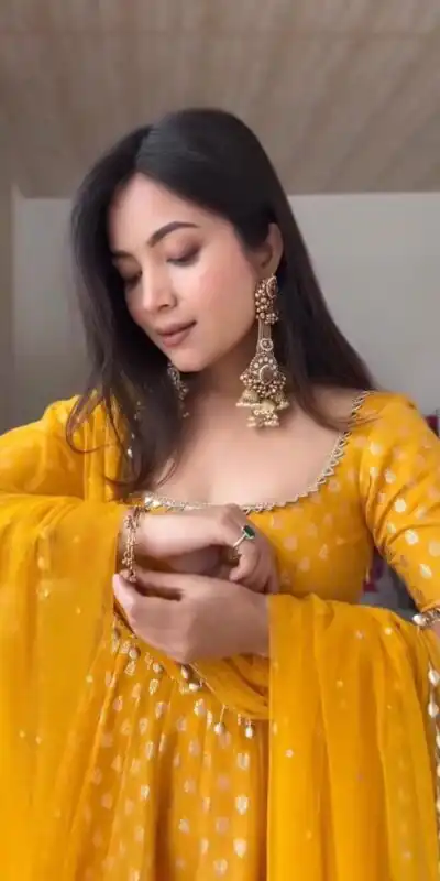 SRK 5347 Yellow Chanderi Jacquard Butti Salwar Suit with Mirror Work & Lace Work. Festive Deal ₹2149. Delivery 4-6 Working Days. Shop now. | Anarkali Suits, Bollywood Anarkali, Creative-Anarkali, Designer Anarkali, Embroidered Anarkali, Party Wear Anarkali
