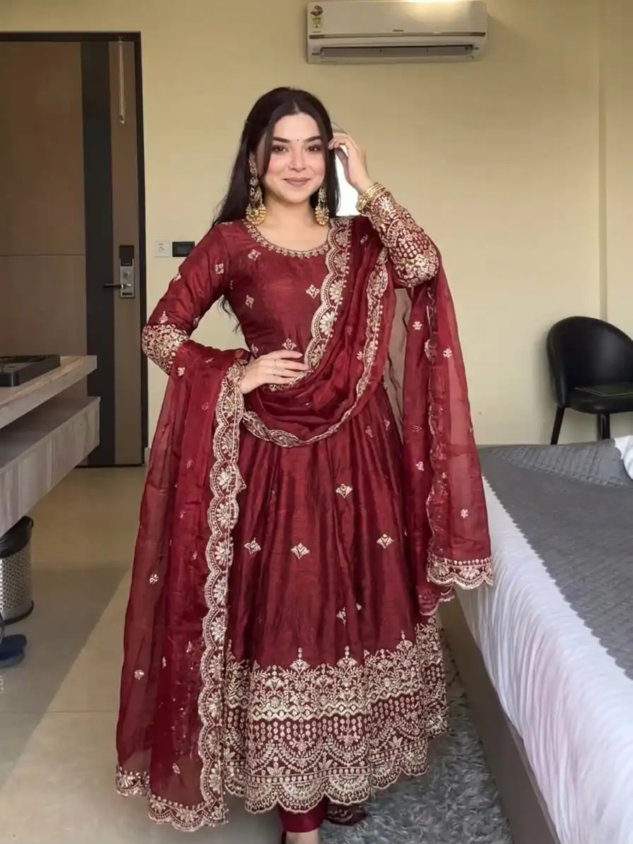 NSR 895 Red Fendy Silk Salwar Suit with Mirror Work & Embroidery Work. Best Price ₹2399. Delivery 4-6 Working Days. Shop now. | Anarkali Suits, Bollywood Anarkali, Creative-Anarkali, Designer Anarkali, Embroidered Anarkali, Party Wear Anarkali