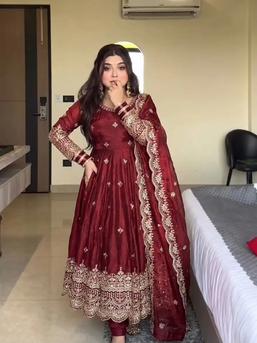 NSR 895 Red Fendy Silk Salwar Suit with Mirror Work & Embroidery Work. Best Price ₹2399. Delivery 4-6 Working Days. Shop now. | Anarkali Suits, Bollywood Anarkali, Creative-Anarkali, Designer Anarkali, Embroidered Anarkali, Party Wear Anarkali