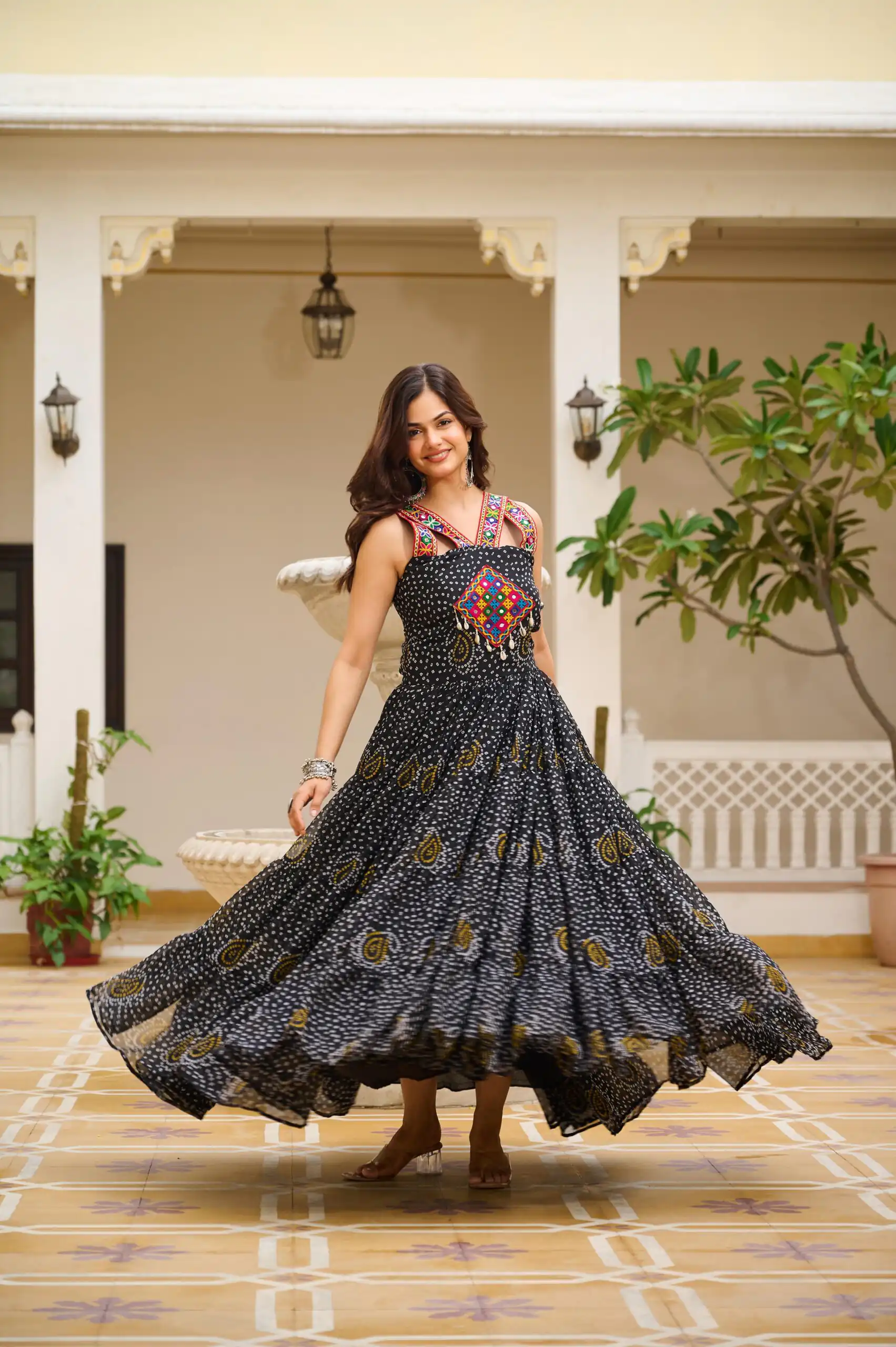 Ram 108 Black Color Georgette Bandhni Print Gown with Mirror Work. Best Price ₹2049. Delivery 4-6 Working Days. Shop now. | Bollywood Gowns, Creative Gowns, Designer Gowns, Embroidered Gowns, Gowns, Party Wear Gowns