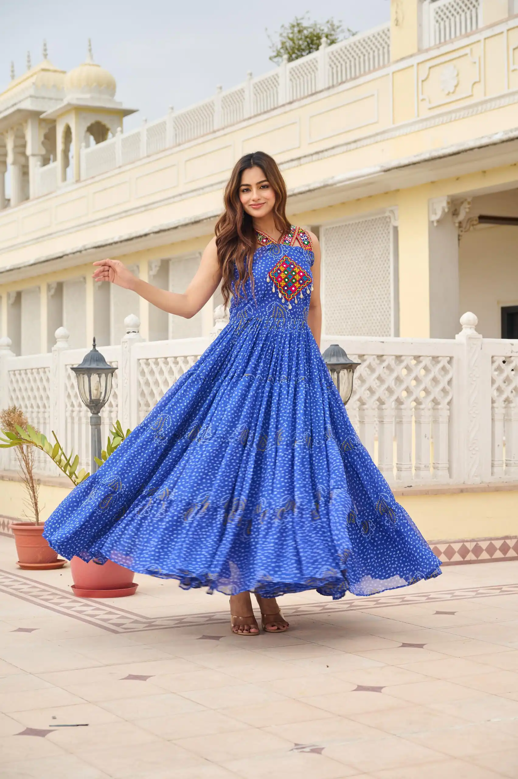 Graceful Blue Georgette Bandhni Print Mirror Work Gown - Image 2