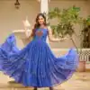 Ram 108 Blue Color Georgette Bandhni Print Gown with Mirror Work. Best Price ₹2049. Delivery 4-6 Working Days. Online Shop now. | Bollywood Gowns, Creative Gowns, Designer Gowns, Embroidered Gowns, Gowns, Party Wear Gowns