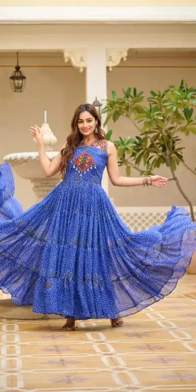 Ram 108 Blue Color Georgette Bandhni Print Gown with Mirror Work. Best Price ₹2049. Delivery 4-6 Working Days. Online Shop now. | Bollywood Gowns, Creative Gowns, Designer Gowns, Embroidered Gowns, Gowns, Party Wear Gowns