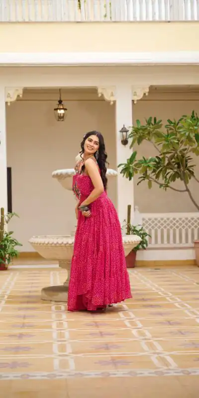 Alternative view of Graceful Pink Georgette Bandhni Print Mirror Work Gown