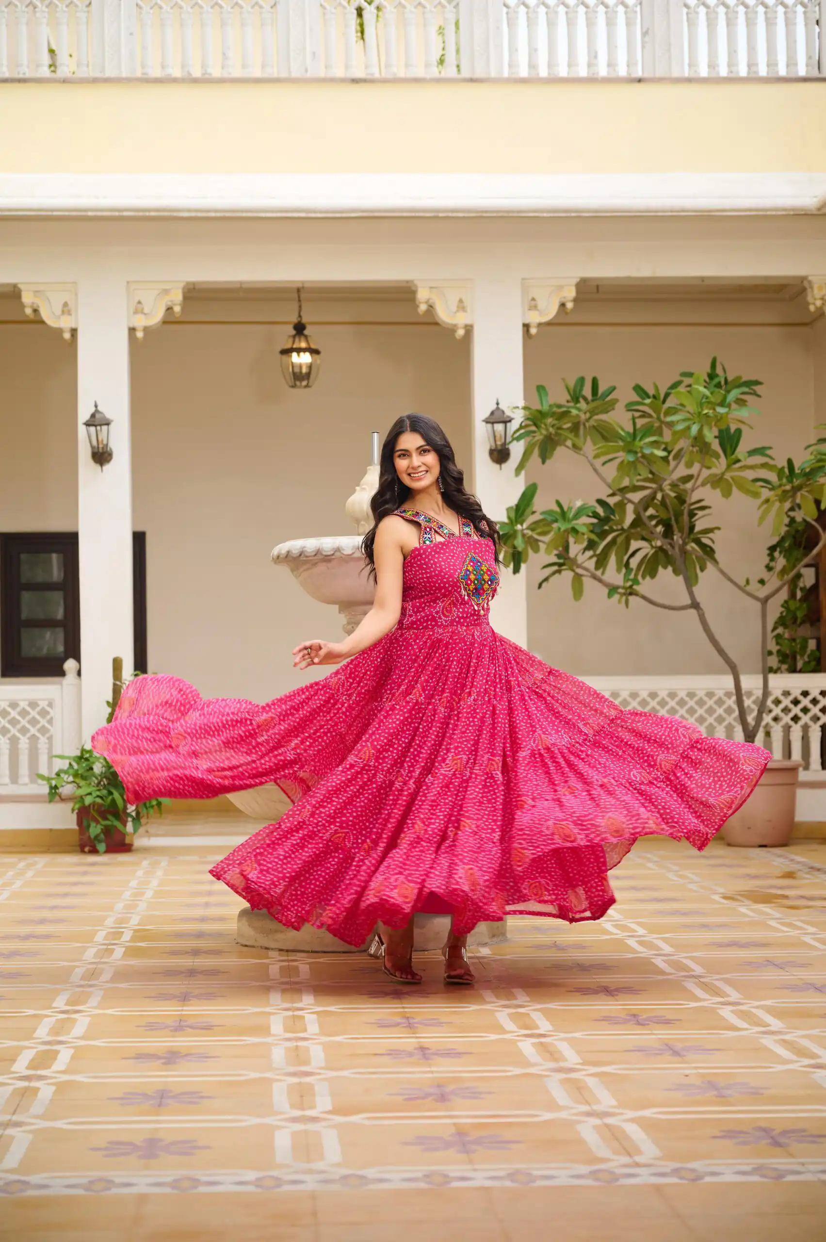 Ram 108 Pink Color Georgette Bandhni Print Gown with Mirror Work. Best Price ₹2049. Delivery 4-6 Working Days. Online Shop now. | Bollywood Gowns, Creative Gowns, Designer Gowns, Embroidered Gowns, Gowns, Party Wear Gowns