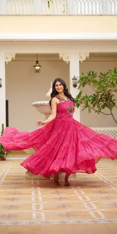 Ram 108 Pink Color Georgette Bandhni Print Gown with Mirror Work. Best Price ₹2049. Delivery 4-6 Working Days. Online Shop now. | Bollywood Gowns, Creative Gowns, Designer Gowns, Embroidered Gowns, Gowns, Party Wear Gowns