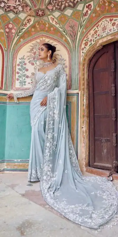 DF 3478 Sky Blue Faux Georgette Embroidery Work Saree . Perfect for Wedding, Party, Onam, Family ,Festive Deal ₹2049. Delivery 4-6 Working Days | Creative Sarees, Bollywood Sarees, Designer Sarees, Embroidered Sarees, Ethnic Saree, Modern Digital sarees, Party Wear Sarees, Sarees