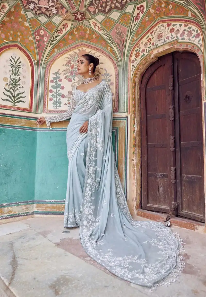 DF 3478 Sky Blue Faux Georgette Embroidery Work Saree . Perfect for Wedding, Party, Onam, Family ,Festive Deal ₹2049. Delivery 4-6 Working Days | Creative Sarees, Bollywood Sarees, Designer Sarees, Embroidered Sarees, Ethnic Saree, Modern Digital sarees, Party Wear Sarees, Sarees