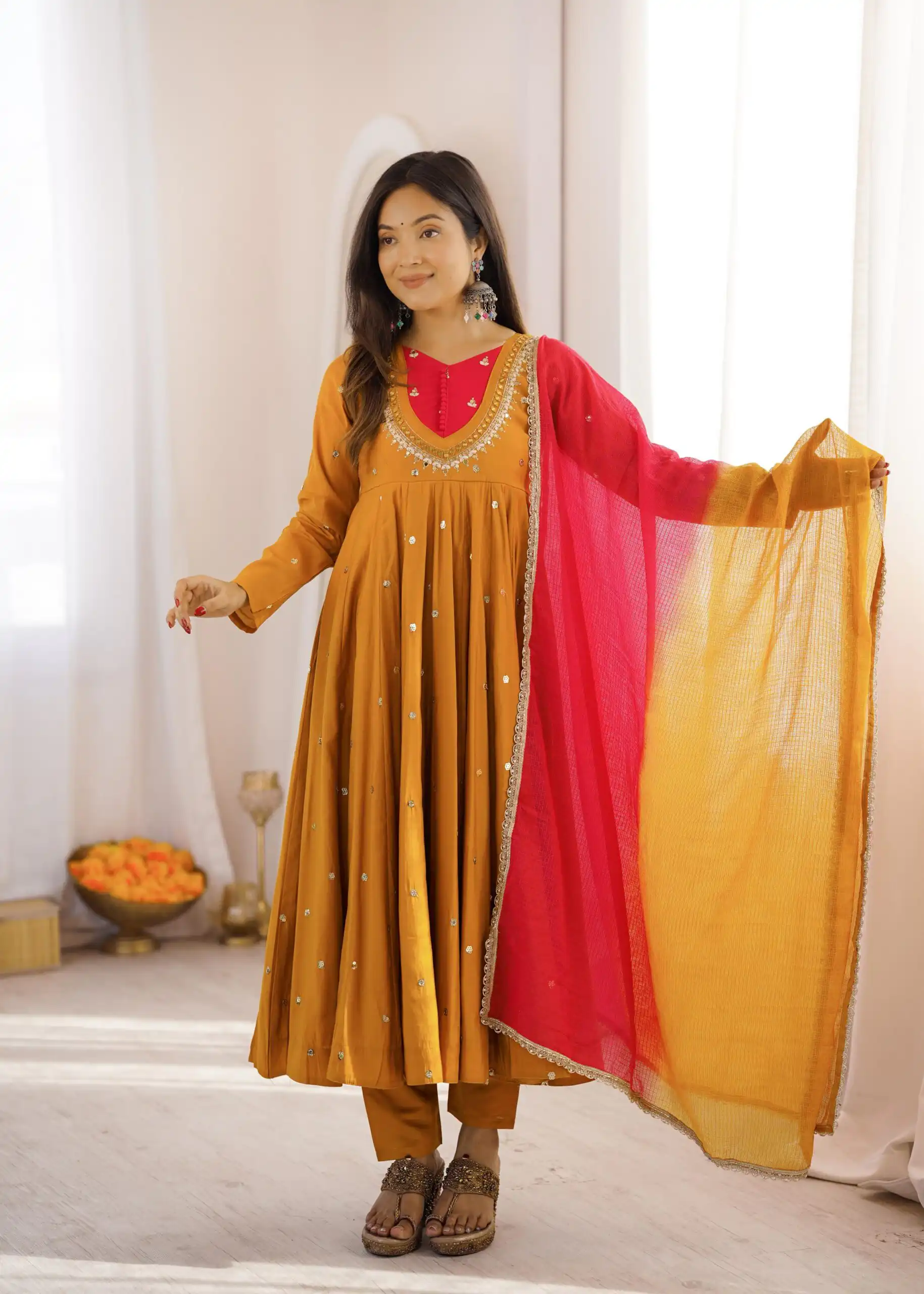 ZF 5023 Mustered Roman Silk Gown with Mirror Work & Embroidery Work. Special Price ₹2099. Delivery 4-6 Working Days. Shop now. | Bollywood Gowns, Creative Gowns, Designer Gowns, Embroidered Gowns, Gowns, Party Wear Gowns