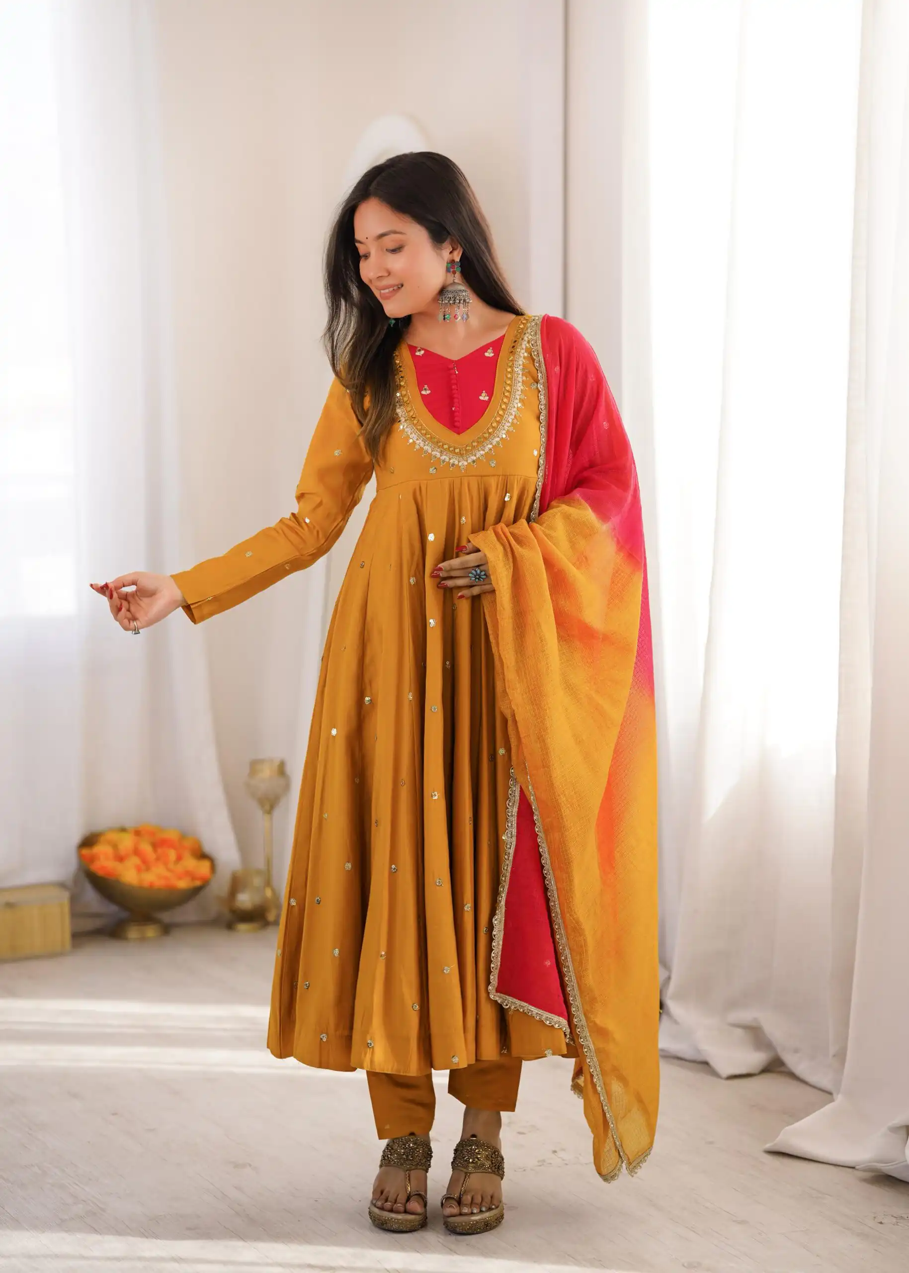ZF 5023 Mustered Roman Silk Gown with Mirror Work & Embroidery Work. Special Price ₹2099. Delivery 4-6 Working Days. Shop now. | Bollywood Gowns, Creative Gowns, Designer Gowns, Embroidered Gowns, Gowns, Party Wear Gowns