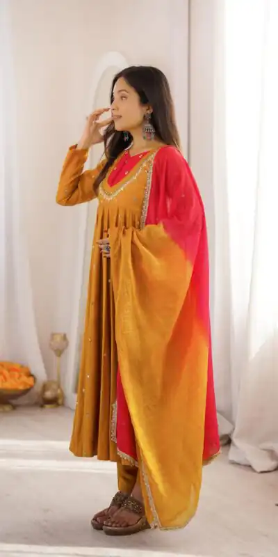 ZF 5023 Mustered Roman Silk Gown with Mirror Work & Embroidery Work. Special Price ₹2099. Delivery 4-6 Working Days. Shop now. | Bollywood Gowns, Creative Gowns, Designer Gowns, Embroidered Gowns, Gowns, Party Wear Gowns