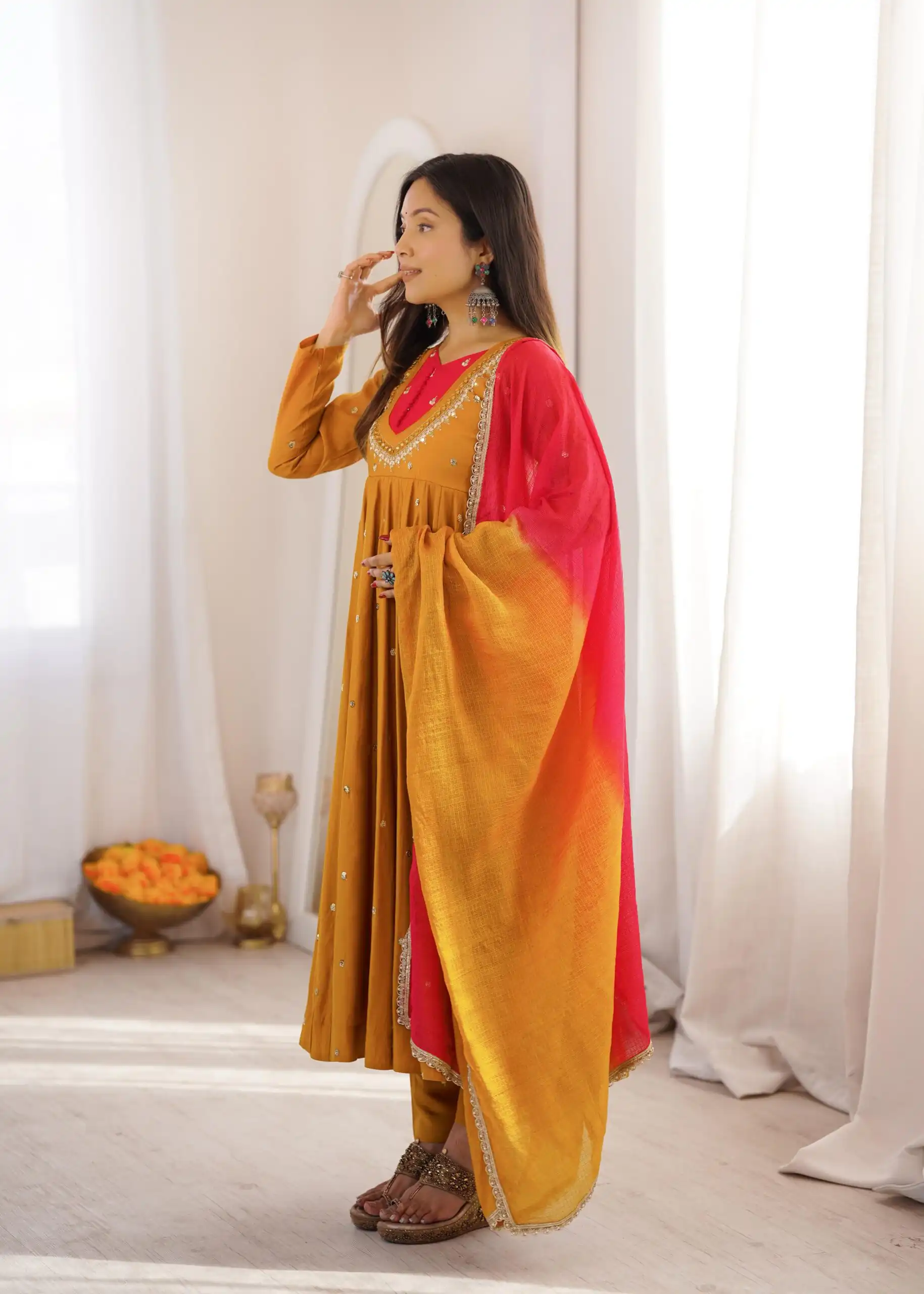 ZF 5023 Mustered Roman Silk Gown with Mirror Work & Embroidery Work. Special Price ₹2099. Delivery 4-6 Working Days. Shop now. | Bollywood Gowns, Creative Gowns, Designer Gowns, Embroidered Gowns, Gowns, Party Wear Gowns