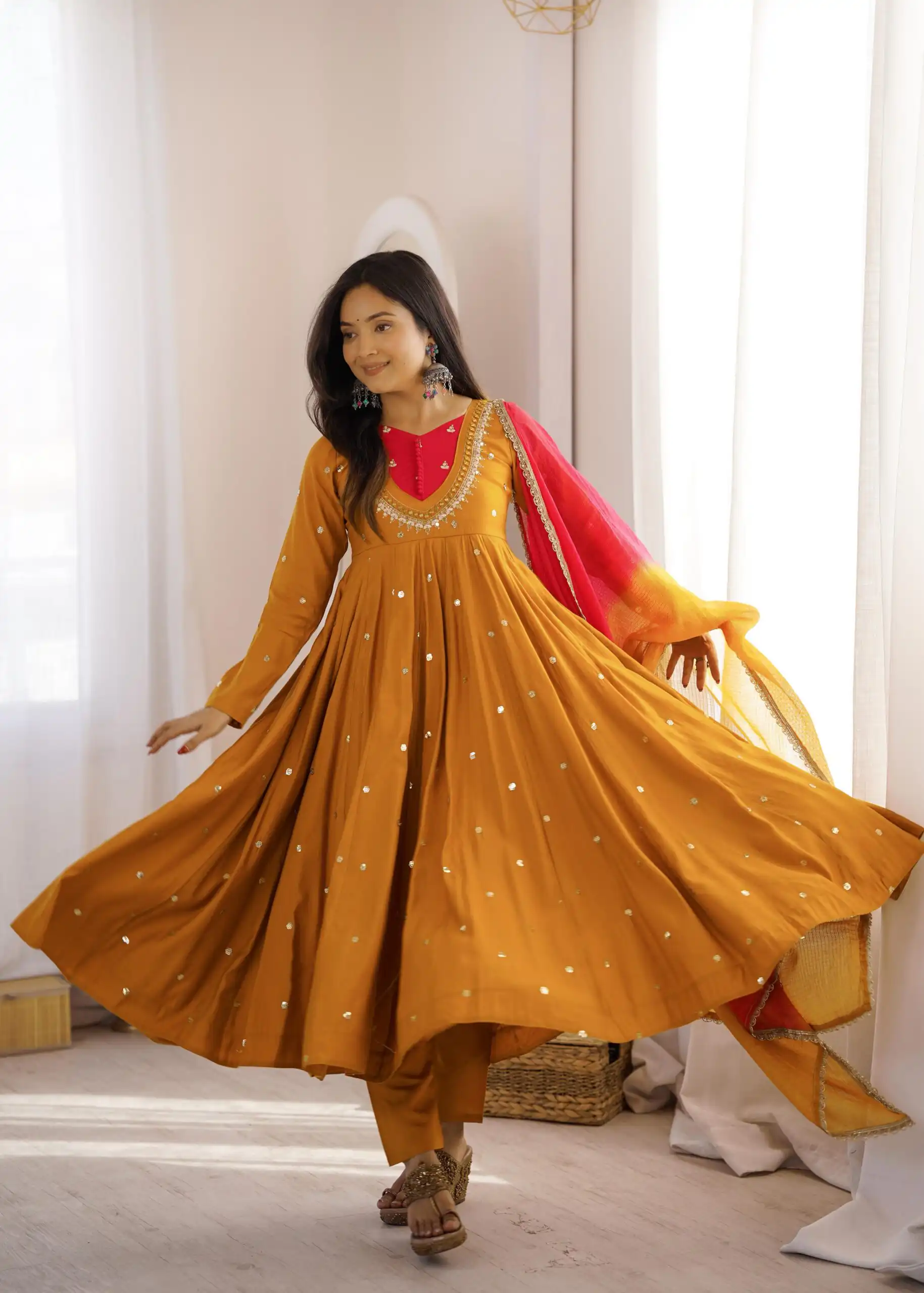 ZF 5023 Mustered Roman Silk Gown with Mirror Work & Embroidery Work. Special Price ₹2099. Delivery 4-6 Working Days. Shop now. | Bollywood Gowns, Creative Gowns, Designer Gowns, Embroidered Gowns, Gowns, Party Wear Gowns