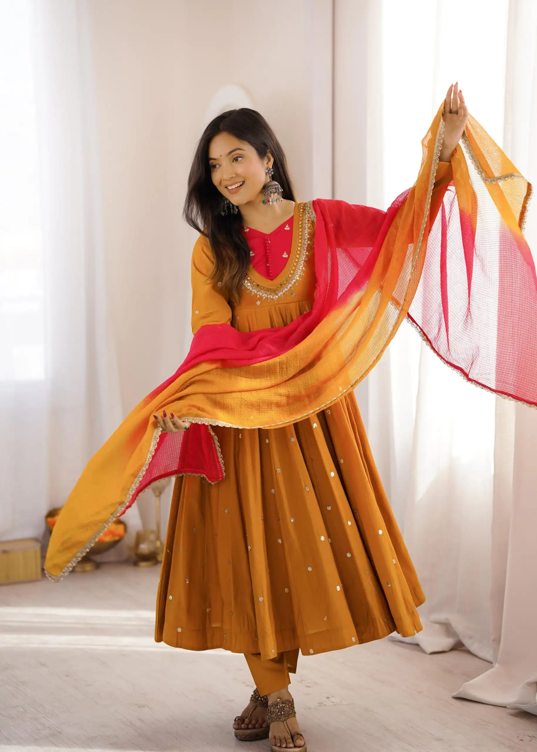ZF 5023 Mustered Roman Silk Gown with Mirror Work & Embroidery Work. Special Price ₹2099. Delivery 4-6 Working Days. Shop now. | Bollywood Gowns, Creative Gowns, Designer Gowns, Embroidered Gowns, Gowns, Party Wear Gowns