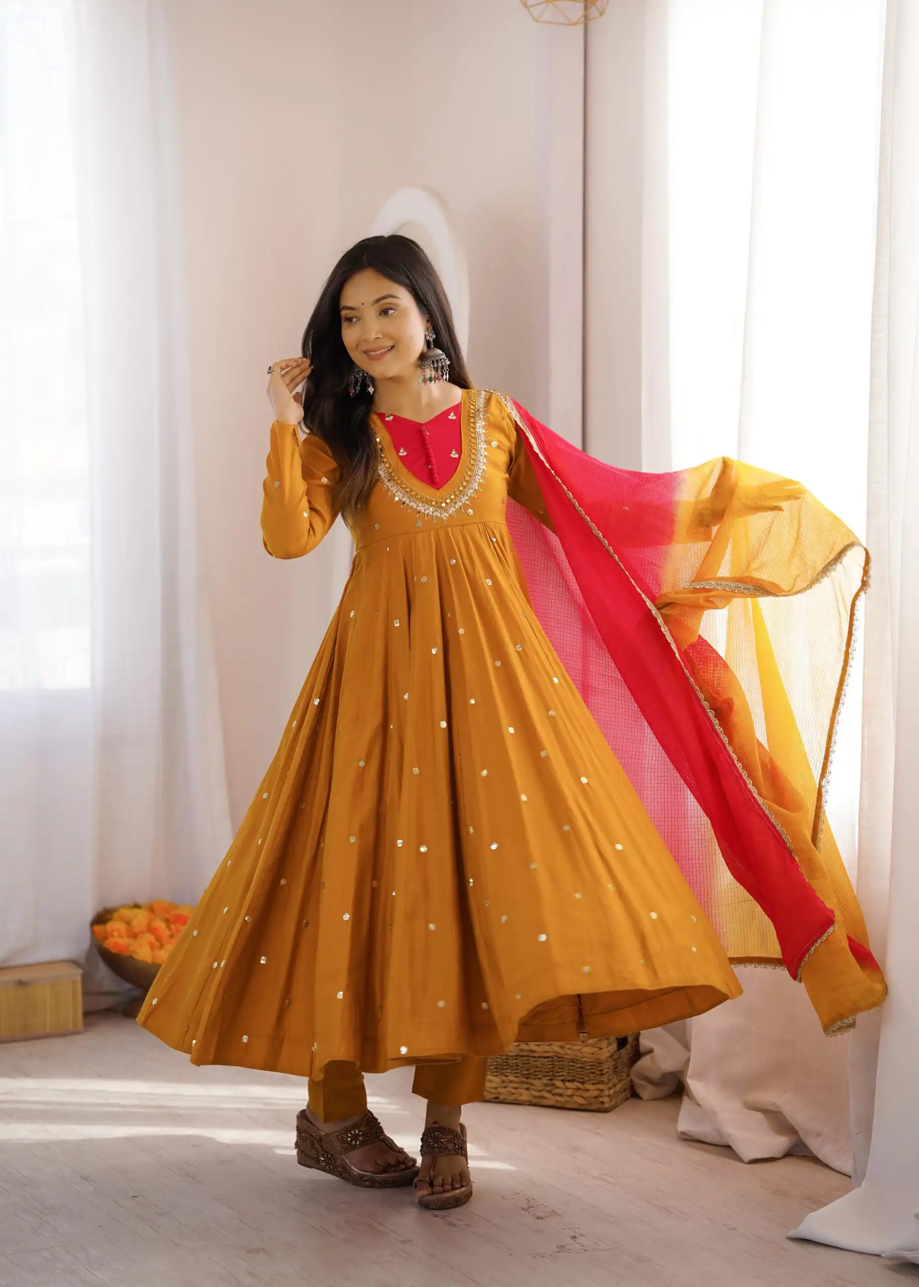 ZF 5023 Mustered Roman Silk Gown with Mirror Work & Embroidery Work. Special Price ₹2099. Delivery 4-6 Working Days. Shop now. | Bollywood Gowns, Creative Gowns, Designer Gowns, Embroidered Gowns, Gowns, Party Wear Gowns