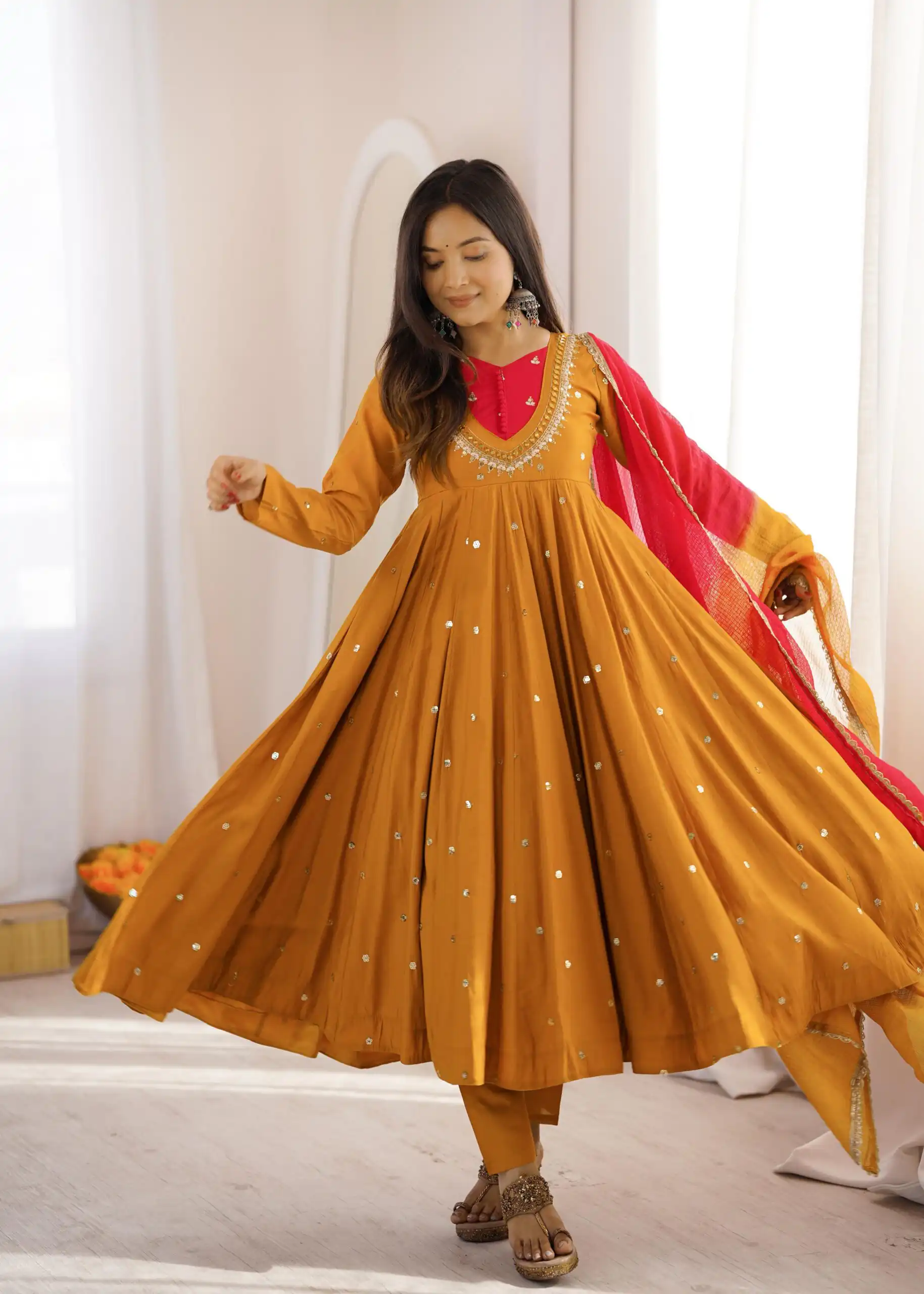ZF 5023 Mustered Roman Silk Gown with Mirror Work & Embroidery Work. Special Price ₹2099. Delivery 4-6 Working Days. Shop now. | Bollywood Gowns, Creative Gowns, Designer Gowns, Embroidered Gowns, Gowns, Party Wear Gowns
