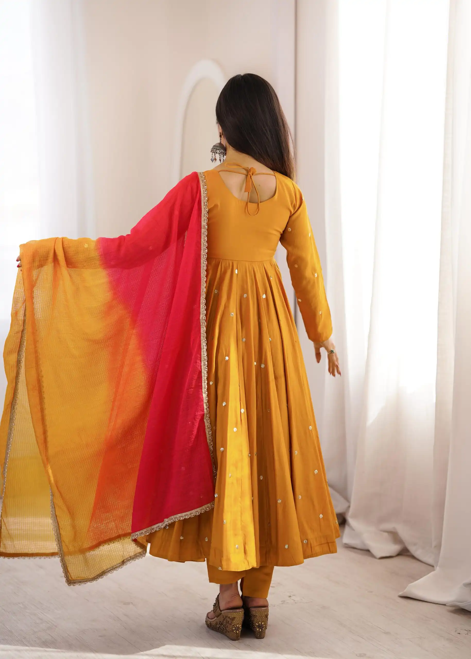 ZF 5023 Mustered Roman Silk Gown with Mirror Work & Embroidery Work. Special Price ₹2099. Delivery 4-6 Working Days. Shop now. | Bollywood Gowns, Creative Gowns, Designer Gowns, Embroidered Gowns, Gowns, Party Wear Gowns