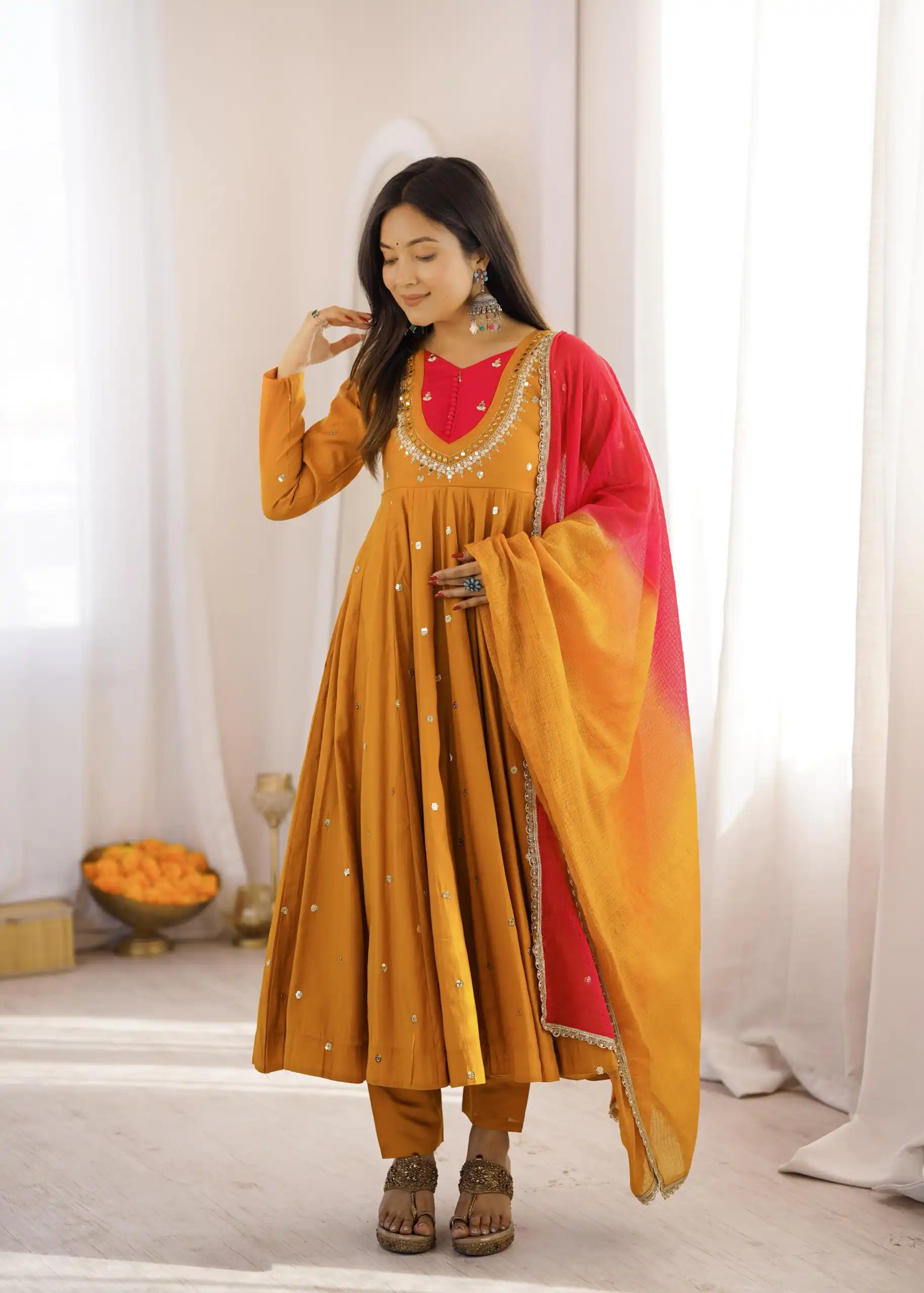 ZF 5023 Mustered Roman Silk Gown with Mirror Work & Embroidery Work. Special Price ₹2099. Delivery 4-6 Working Days. Shop now. | Bollywood Gowns, Creative Gowns, Designer Gowns, Embroidered Gowns, Gowns, Party Wear Gowns