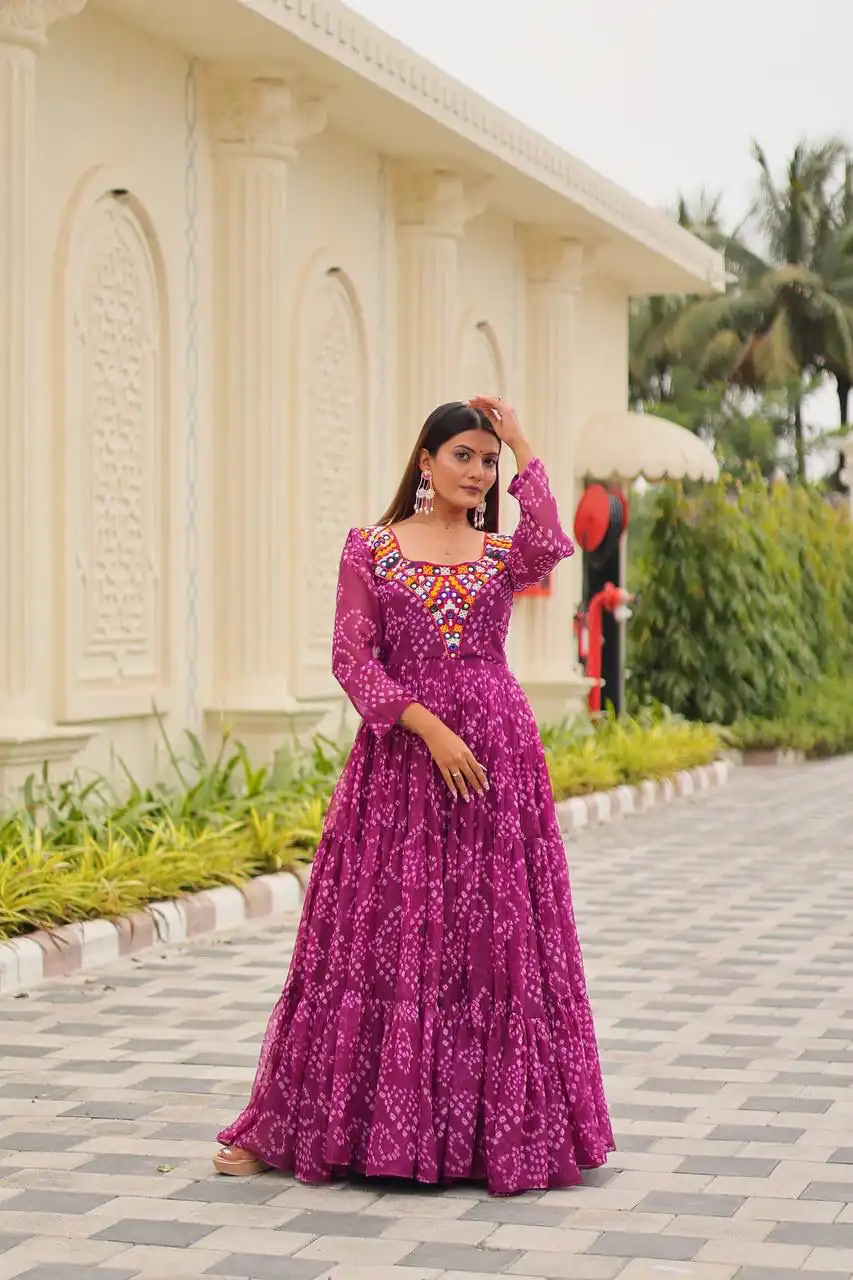 Lovely Pink Faux Georgette Mirror Work Gown