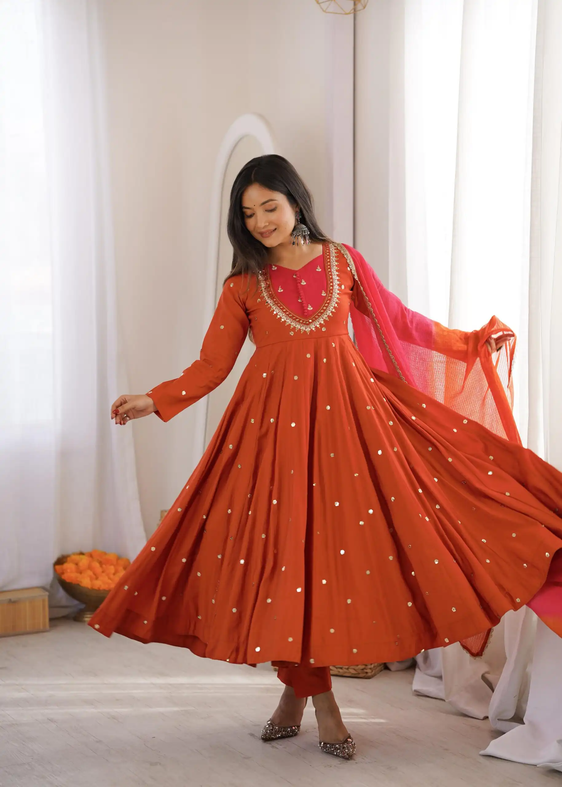 ZF 5023 Rust Roman Silk Gown with Mirror Work & Embroidery Work. Special Price ₹2099. Delivery 4-6 Working Days. Shop now. | Bollywood Gowns, Creative Gowns, Designer Gowns, Embroidered Gowns, Gowns, Party Wear Gowns