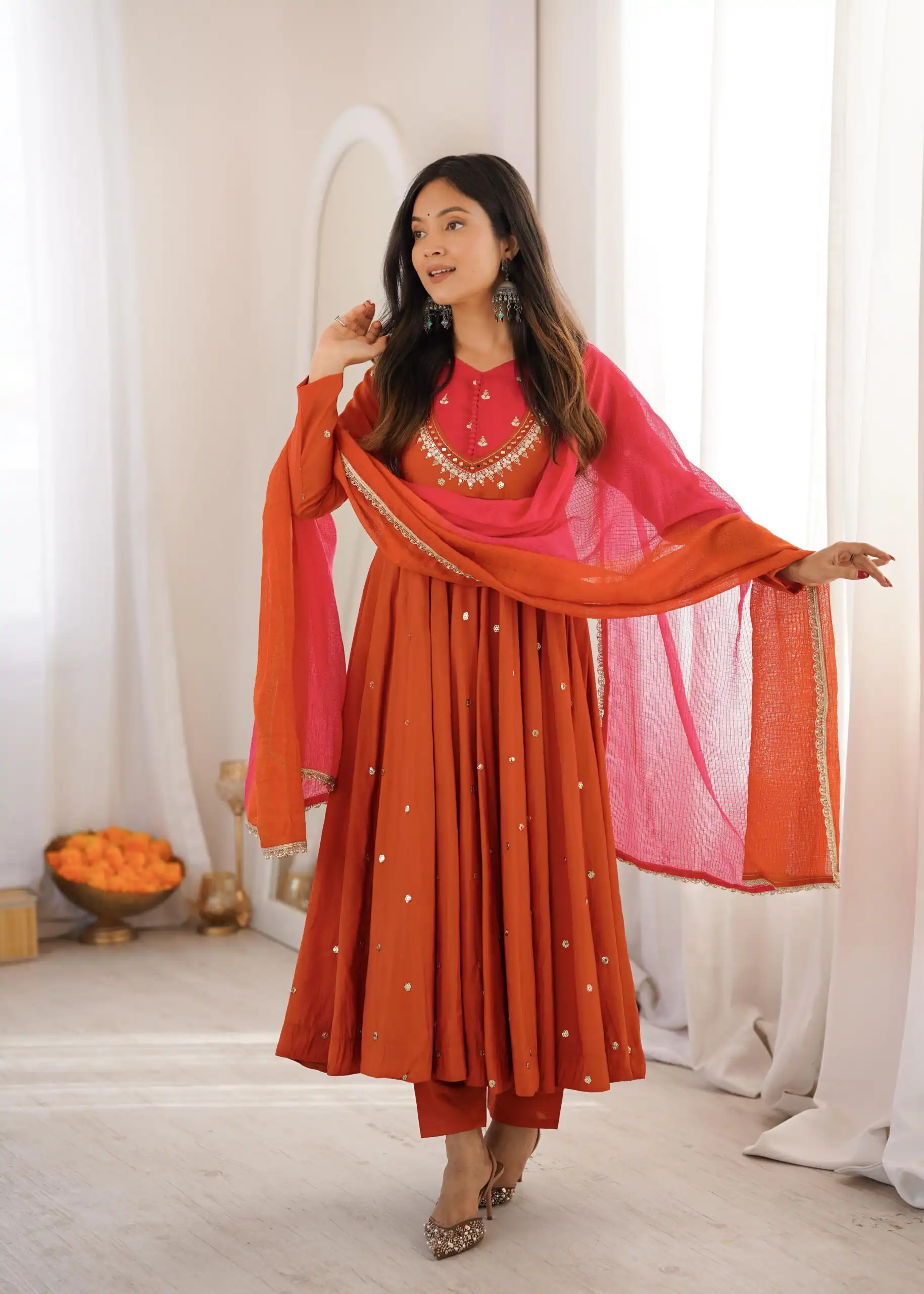 ZF 5023 Rust Roman Silk Gown with Mirror Work & Embroidery Work. Special Price ₹2099. Delivery 4-6 Working Days. Shop now. | Bollywood Gowns, Creative Gowns, Designer Gowns, Embroidered Gowns, Gowns, Party Wear Gowns
