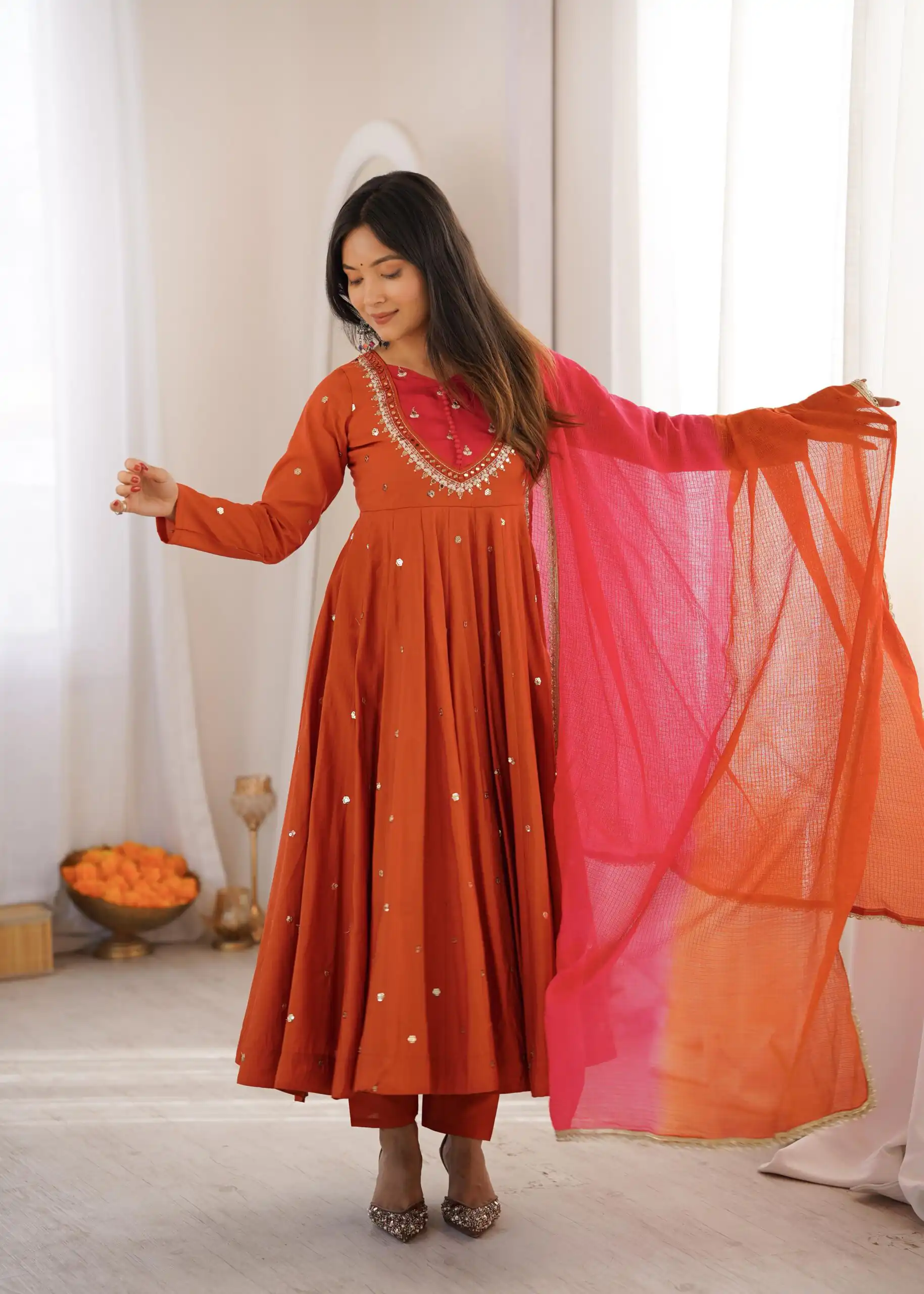 ZF 5023 Rust Roman Silk Gown with Mirror Work & Embroidery Work. Special Price ₹2099. Delivery 4-6 Working Days. Shop now. | Bollywood Gowns, Creative Gowns, Designer Gowns, Embroidered Gowns, Gowns, Party Wear Gowns