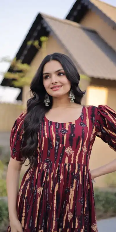 KA 1252 Maroon Cotton Kurti with Printed Work.Wedding, Party, Festive, Events, Exclusive Offer ₹1569. Delivery 4-6 Working Days. Shop now. | Bollywood Kurti, Creative Kurtis, Designer Kurti, Kurti, Party Wear Kurti, Selfie Kurti
