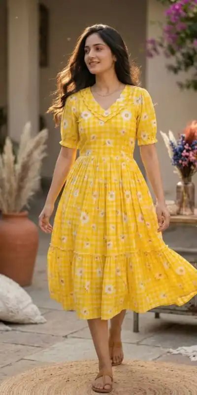 KA 1257 Mustard Muslin Silk Gingham Printed Kurti with Designer Work. Special Price ₹1519. Delivery 4-6 Working Days. Shop now. | Bollywood Kurti, Creative Kurtis, Designer Kurti, Kurti, Party Wear Kurti, Selfie Kurti
