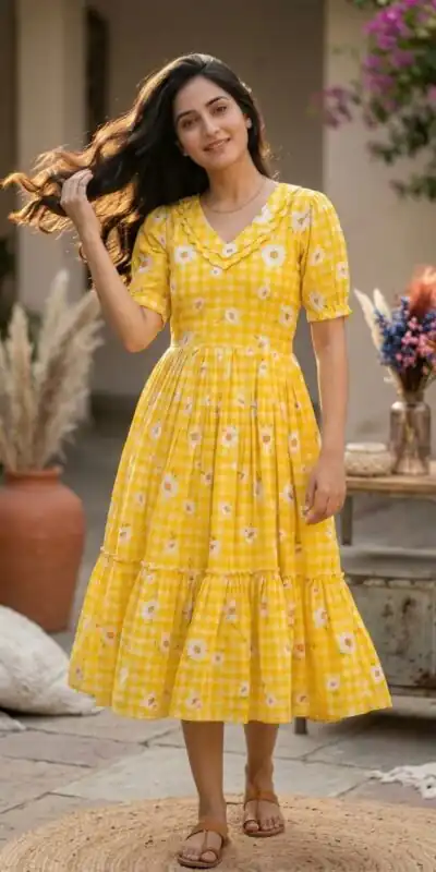 KA 1257 Mustard Muslin Silk Gingham Printed Kurti with Designer Work. Special Price ₹1519. Delivery 4-6 Working Days. Shop now. | Bollywood Kurti, Creative Kurtis, Designer Kurti, Kurti, Party Wear Kurti, Selfie Kurti