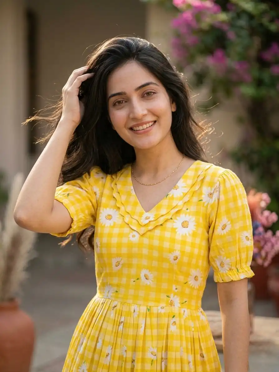 KA 1257 Mustard Muslin Silk Gingham Printed Kurti with Designer Work. Special Price ₹1519. Delivery 4-6 Working Days. Shop now. | Bollywood Kurti, Creative Kurtis, Designer Kurti, Kurti, Party Wear Kurti, Selfie Kurti