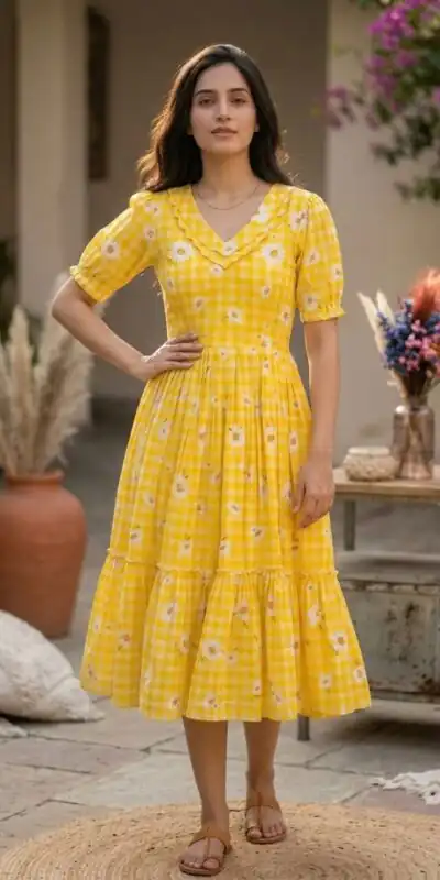 KA 1257 Mustard Muslin Silk Gingham Printed Kurti with Designer Work. Special Price ₹1519. Delivery 4-6 Working Days. Shop now. | Bollywood Kurti, Creative Kurtis, Designer Kurti, Kurti, Party Wear Kurti, Selfie Kurti