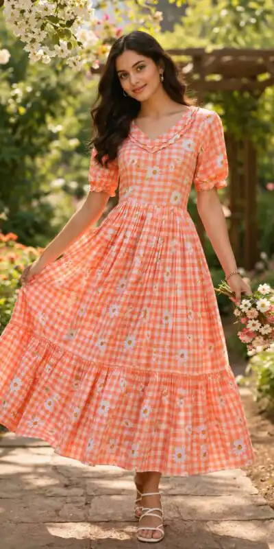 KA 1257 Peach Muslin Silk Gingham Printed Kurti with Designer Work. Special Price ₹1519. Delivery 4-6 Working Days. Shop now. | Bollywood Kurti, Creative Kurtis, Designer Kurti, Kurti, Party Wear Kurti, Selfie Kurti