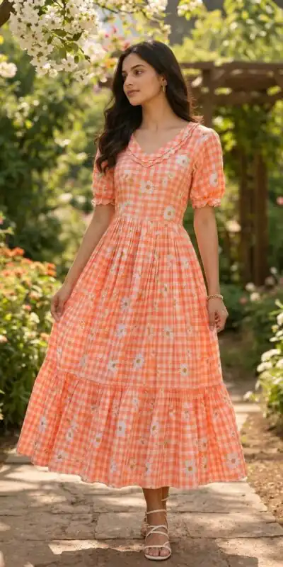 KA 1257 Peach Muslin Silk Gingham Printed Kurti with Designer Work. Special Price ₹1519. Delivery 4-6 Working Days. Shop now. | Bollywood Kurti, Creative Kurtis, Designer Kurti, Kurti, Party Wear Kurti, Selfie Kurti