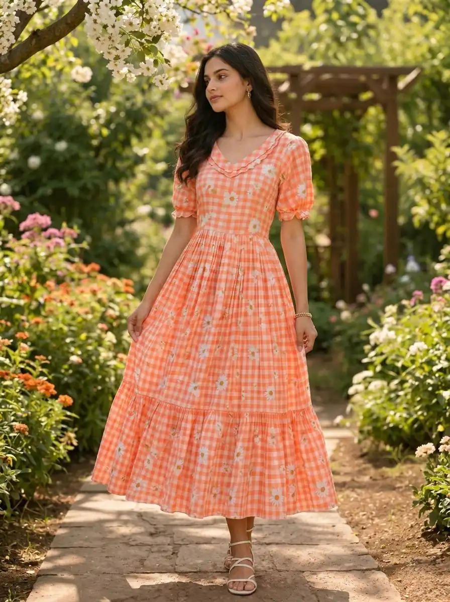 KA 1257 Peach Muslin Silk Gingham Printed Kurti with Designer Work. Special Price ₹1519. Delivery 4-6 Working Days. Shop now. | Bollywood Kurti, Creative Kurtis, Designer Kurti, Kurti, Party Wear Kurti, Selfie Kurti