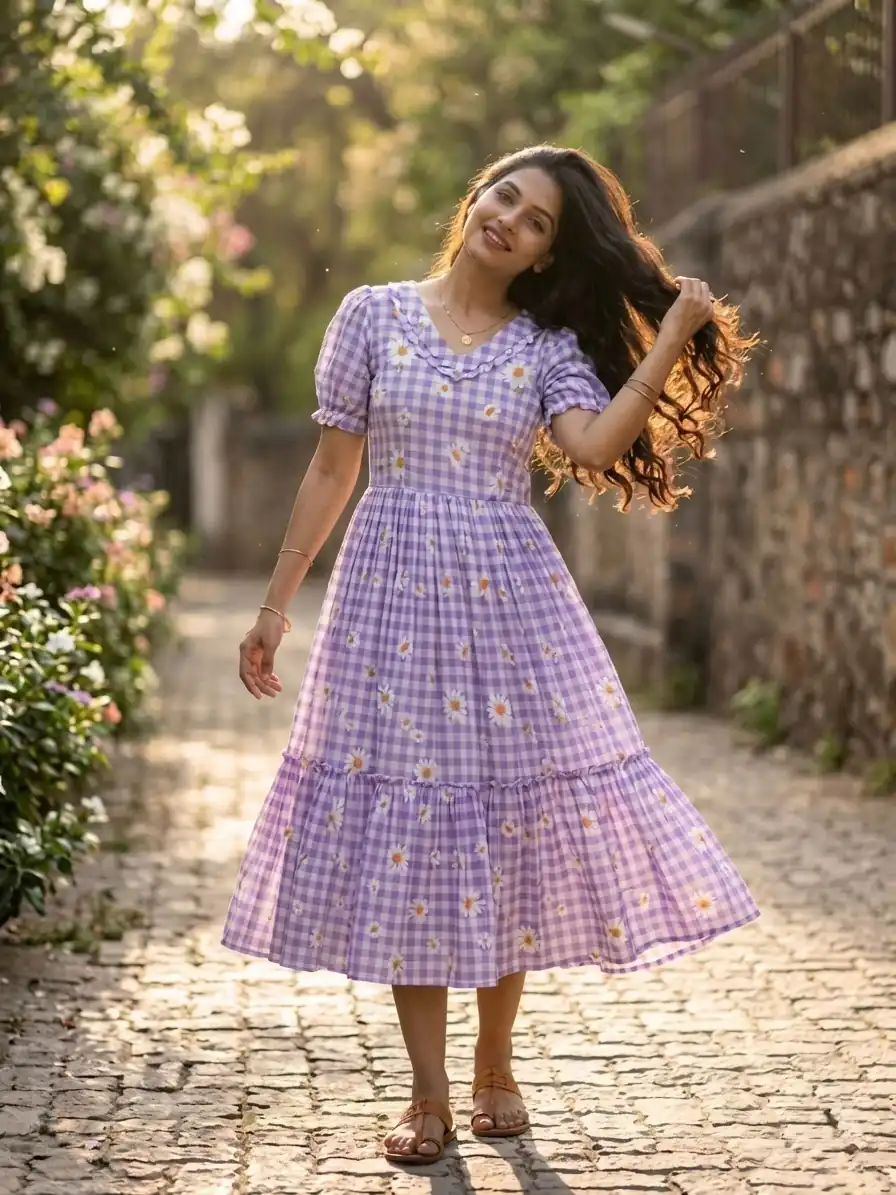 KA 1257 Purple Muslin Silk Gingham Printed Kurti with Designer Work. Special Price ₹1519. Delivery 4-6 Working Days. Shop now. | Bollywood Kurti, Creative Kurtis, Designer Kurti, Kurti, Party Wear Kurti, Selfie Kurti