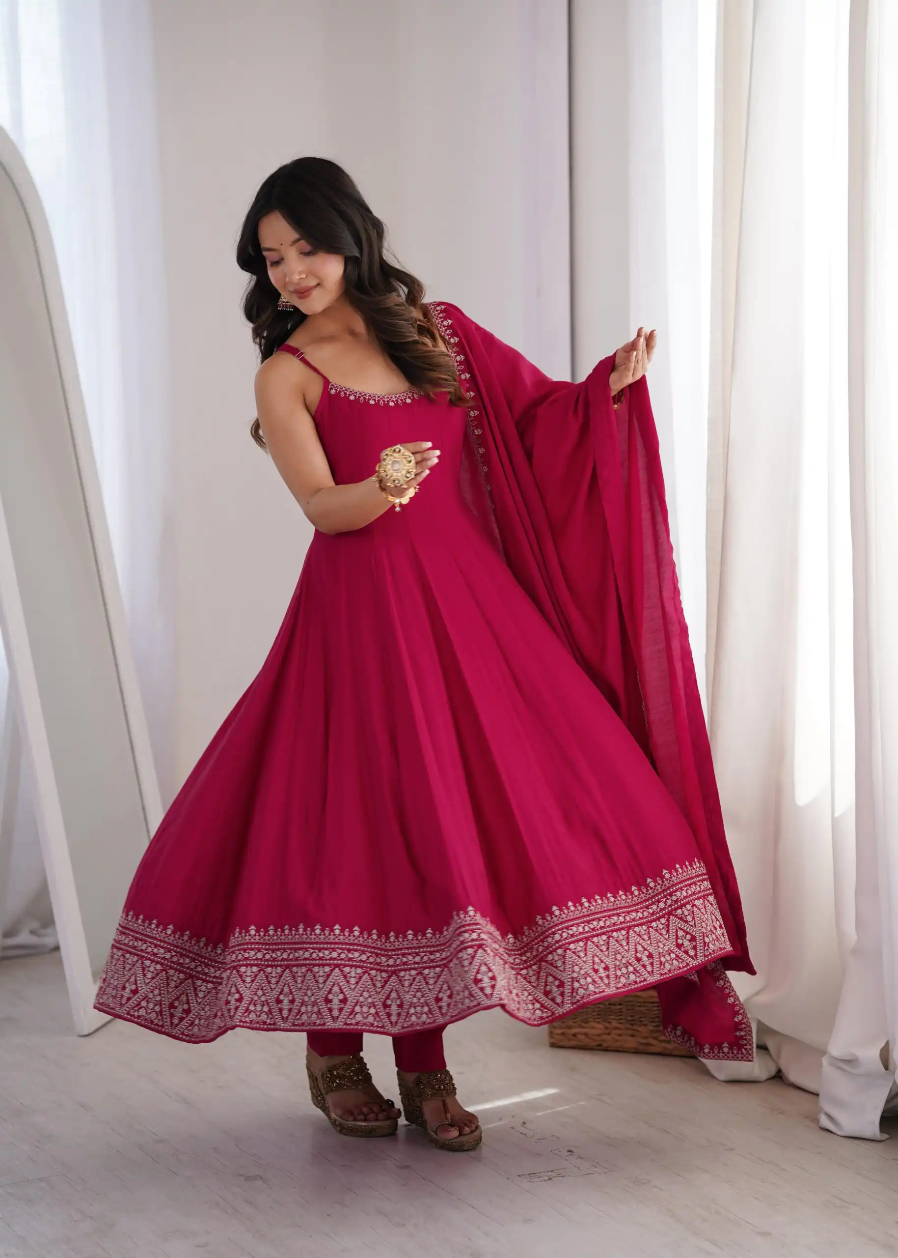 KB 305 Pink Roman Silk Chanderi Anarkali Suit with Thread Embroidery & Embroidery Work. Special Price ₹2149. Delivery 4-6 Working Days. Shop now. | Anarkali Suits, Bollywood Anarkali, Creative-Anarkali, Designer Anarkali, Embroidered Anarkali, Party Wear Anarkali