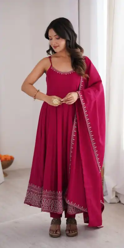 KB 305 Pink Roman Silk Chanderi Anarkali Suit with Thread Embroidery & Embroidery Work. Special Price ₹2149. Delivery 4-6 Working Days. Shop now. | Anarkali Suits, Bollywood Anarkali, Creative-Anarkali, Designer Anarkali, Embroidered Anarkali, Party Wear Anarkali