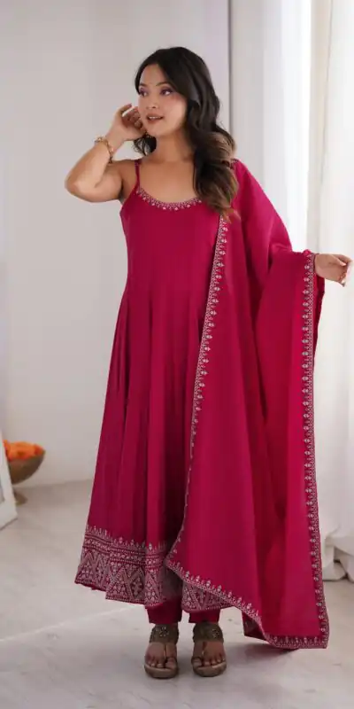 KB 305 Pink Roman Silk Chanderi Anarkali Suit with Thread Embroidery & Embroidery Work. Special Price ₹2149. Delivery 4-6 Working Days. Shop now. | Anarkali Suits, Bollywood Anarkali, Creative-Anarkali, Designer Anarkali, Embroidered Anarkali, Party Wear Anarkali