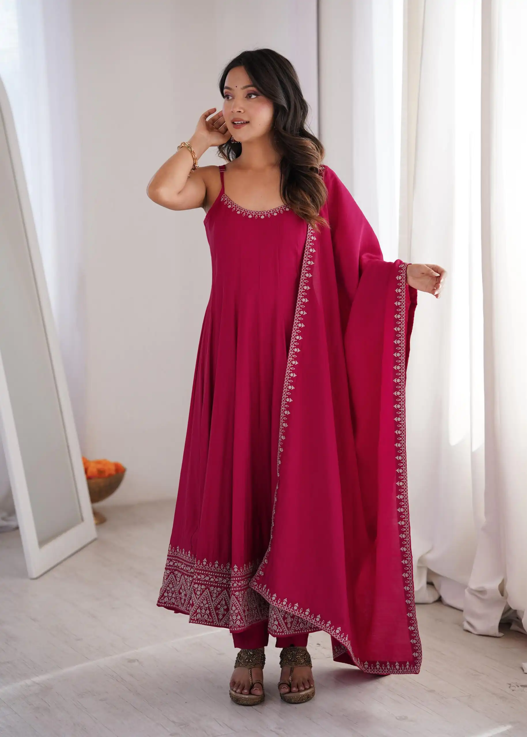 KB 305 Pink Roman Silk Chanderi Anarkali Suit with Thread Embroidery & Embroidery Work. Special Price ₹2149. Delivery 4-6 Working Days. Shop now. | Anarkali Suits, Bollywood Anarkali, Creative-Anarkali, Designer Anarkali, Embroidered Anarkali, Party Wear Anarkali