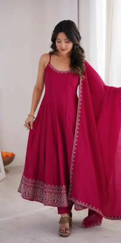KB 305 Pink Roman Silk Chanderi Anarkali Suit with Thread Embroidery & Embroidery Work. Special Price ₹2149. Delivery 4-6 Working Days. Shop now. | Anarkali Suits, Bollywood Anarkali, Creative-Anarkali, Designer Anarkali, Embroidered Anarkali, Party Wear Anarkali