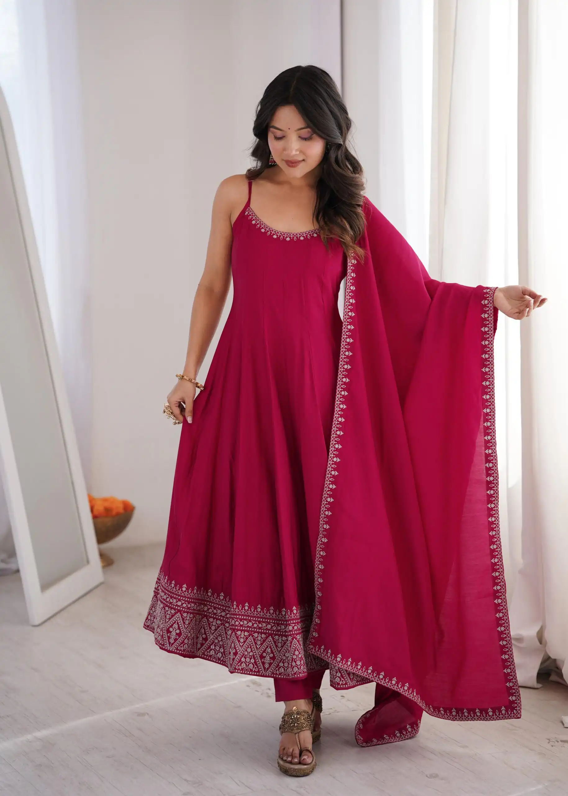KB 305 Pink Roman Silk Chanderi Anarkali Suit with Thread Embroidery & Embroidery Work. Special Price ₹2149. Delivery 4-6 Working Days. Shop now. | Anarkali Suits, Bollywood Anarkali, Creative-Anarkali, Designer Anarkali, Embroidered Anarkali, Party Wear Anarkali