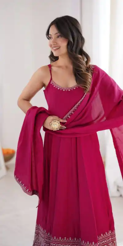 KB 305 Pink Roman Silk Chanderi Anarkali Suit with Thread Embroidery & Embroidery Work. Special Price ₹2149. Delivery 4-6 Working Days. Shop now. | Anarkali Suits, Bollywood Anarkali, Creative-Anarkali, Designer Anarkali, Embroidered Anarkali, Party Wear Anarkali
