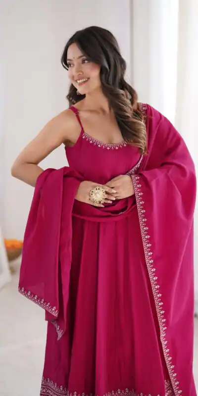 KB 305 Pink Roman Silk Chanderi Anarkali Suit with Thread Embroidery & Embroidery Work. Special Price ₹2149. Delivery 4-6 Working Days. Shop now. | Anarkali Suits, Bollywood Anarkali, Creative-Anarkali, Designer Anarkali, Embroidered Anarkali, Party Wear Anarkali